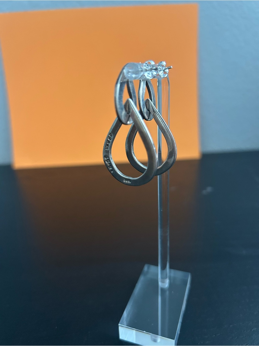 Large Sterling Silver Interlock Open Teardrop Dangle Statement Earrings Vintage - Picture 7 of 13